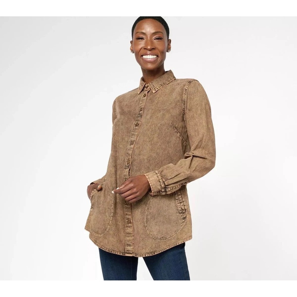 Joan Rivers Brown Mineral Wash Cotton Denim Button Up Shirt Jacket Womens 1X